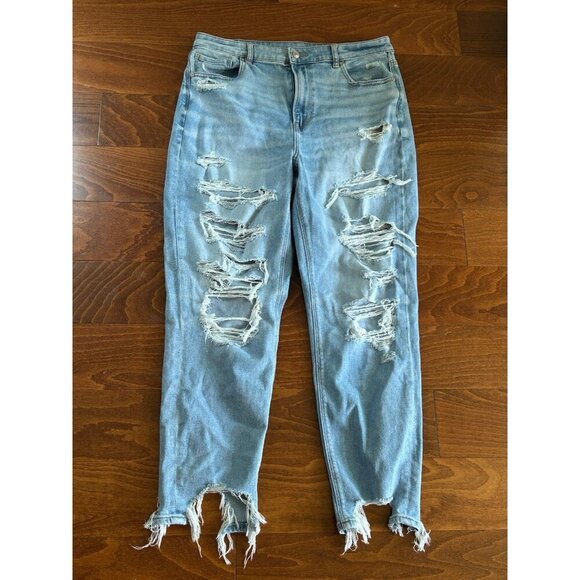 American Eagle AE Stretch Ripped Distressed Mom Jean Denim Light Wash 14 TALL - Picture 2 of 11